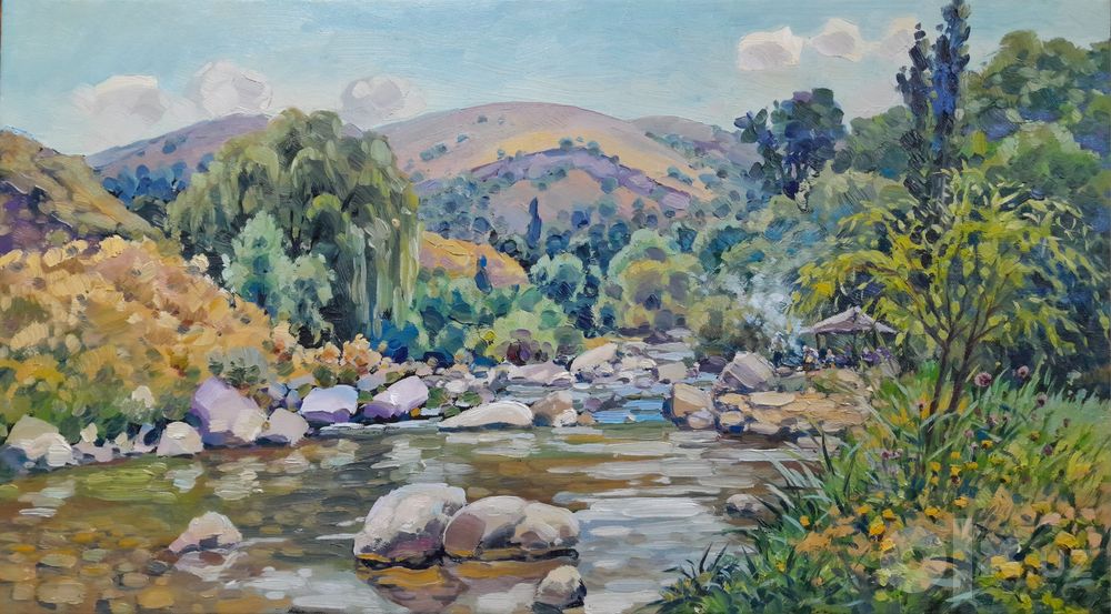 Картина маслом «Река Угам летом» (Рустам Мамбетов, 2026, 55×30 см) — о