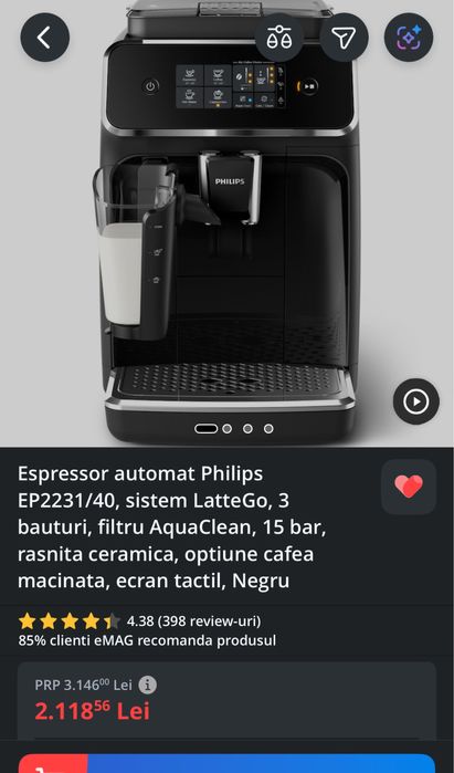 Espressor automat Philips EP2231/40, sistem LatteGo