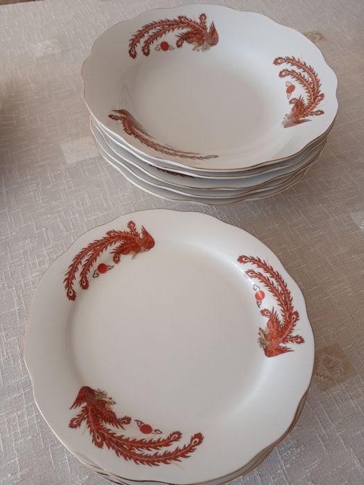Set 12 farfurii portelan chinezesc, cu file aur si pasarea phoenix