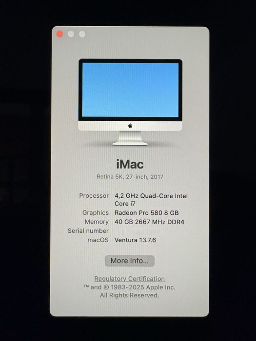 iMac 27, 5k 2017 - i7 4.2Ghz , 40GB RAM, 512GB SSD, Radeon 580