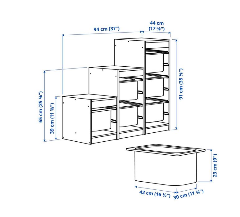 Използван дървен модулен стелаж TROFAST от IKEA с кутии.