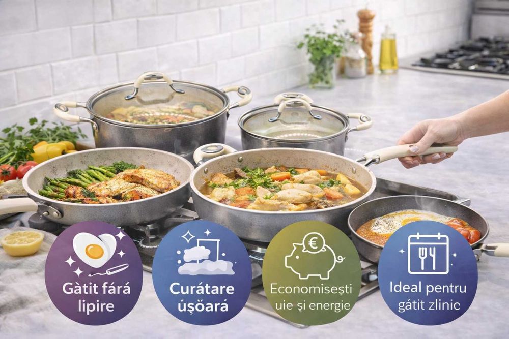 Set oale marmorate 10 piese antiaderente gatit complet