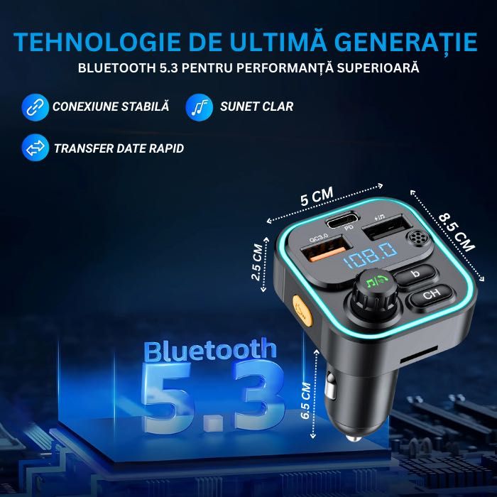 Modulator FM Bricheta NETSTAT® Bluetooth 5.3 QC3.0+PD20W RGB Negru
