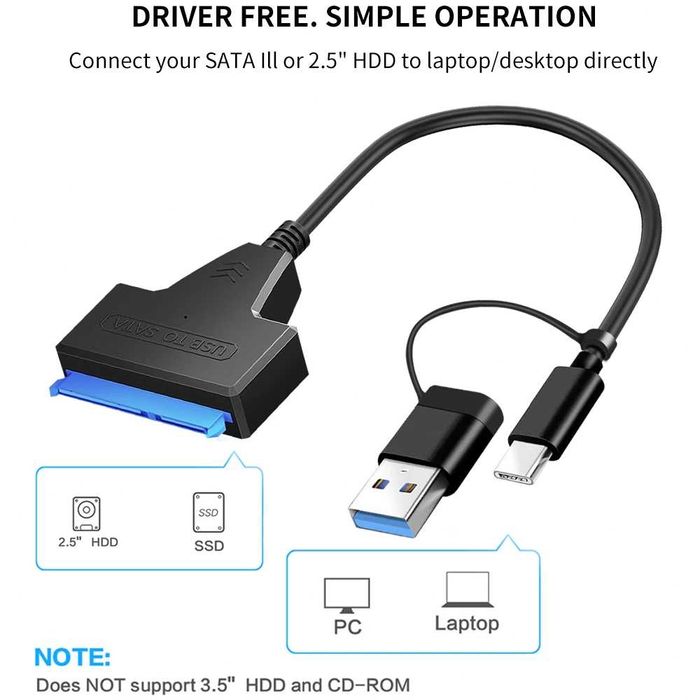 Cablu adaptor USB 3.0 + USB-C la SATA pt HDD / SSD laptop 2.5 inch