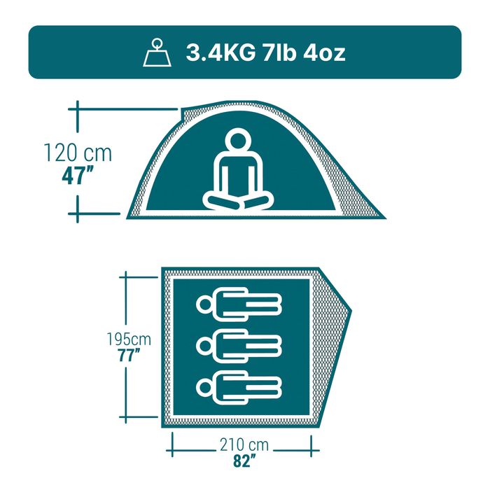 Cort de camping 3 locuri, Mh100 gri - No - produs resigilat Decathlon