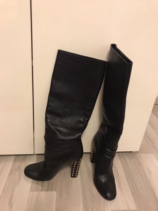 Cizme dama, Gucci, piele, originale, negre, 40, toc cu tinte aurii