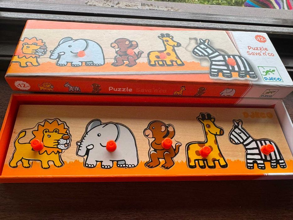 Puzzle lemn Djeco Sava’n’co cu animale, 5 piese cu buton, +12 luni, nou