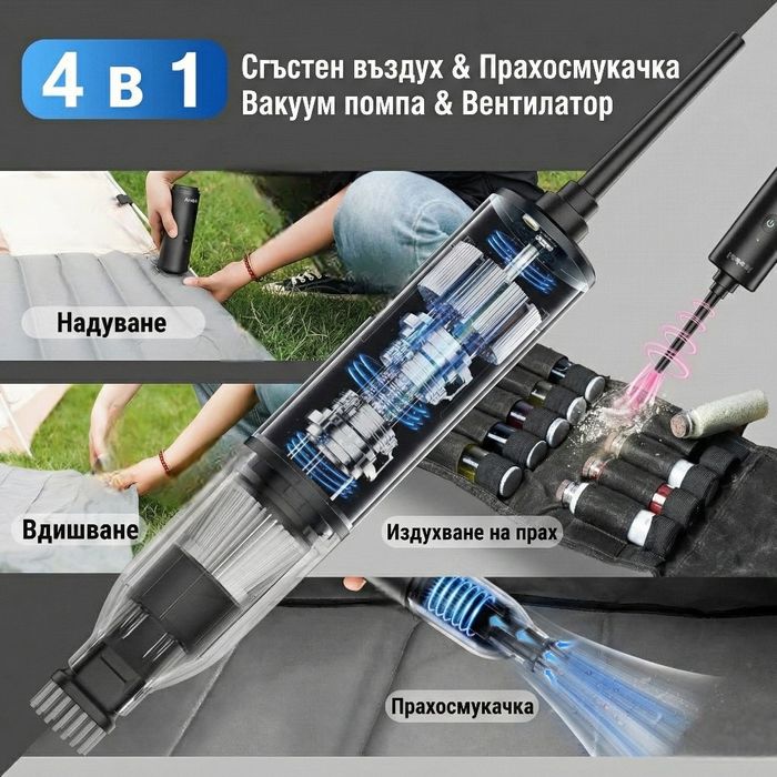 4-в-1: Безжична мини прахосмукачка, духалка и помпа, 8000Pa, 7800mAh