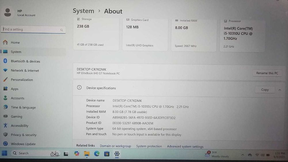 Laptop HP EliteBook 840 G7 – Intel i5-10310U, 8GB RAM, 256GB SSD, Windows 11, Stare Excelentă