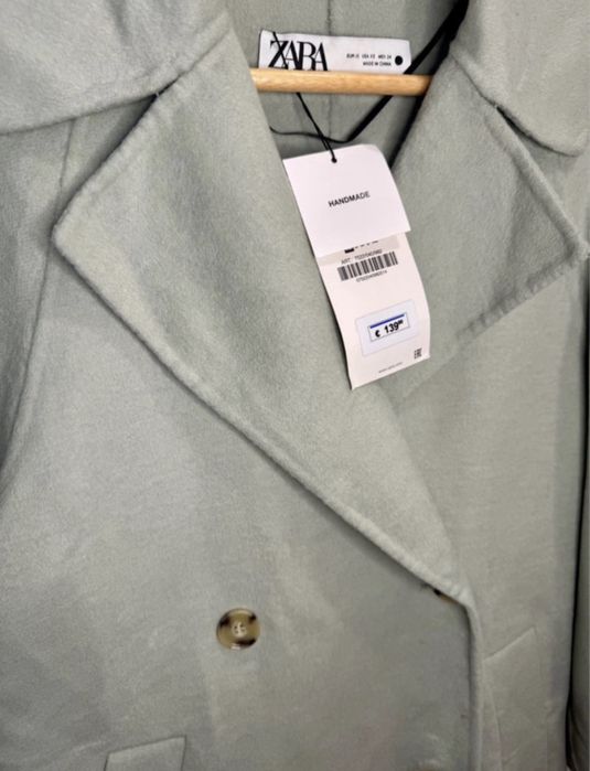 Palton de primăvară de lana turquoise pal double breasted Zara mas XS