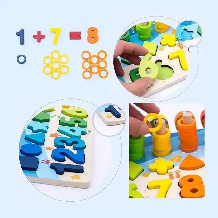 Дървена детска образователна игра Монтесори с цифри, форми и магнит