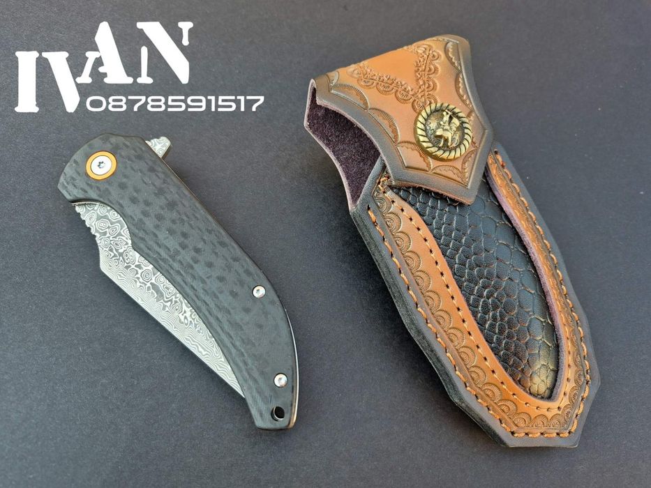 Сгъваем нож от дамаска стомана с кожена кания