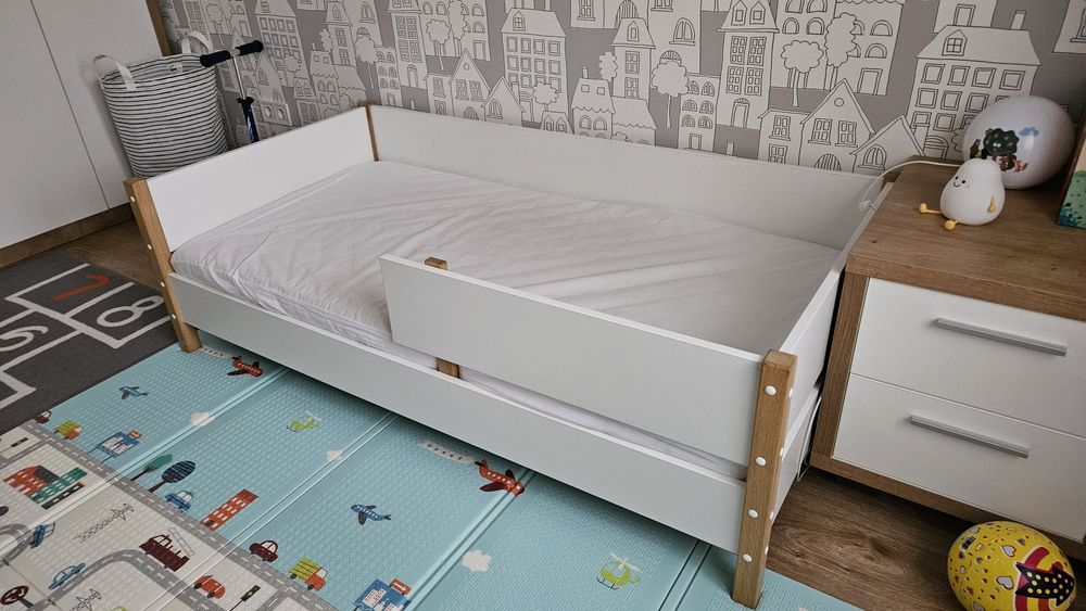 Pat copii stejar și PAL 80x160 cm saltea premium cu strat cocos inclus