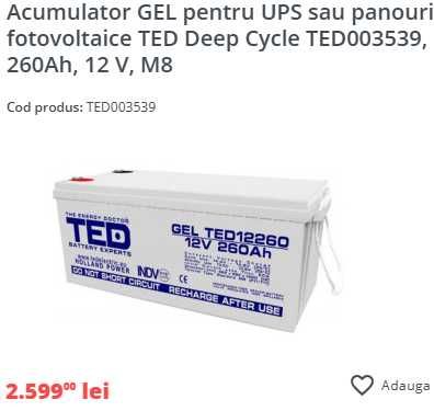Acumulator Pb-GEL 5-260Ah pt UPS, alarme, camere, barci, fotovoltaice.