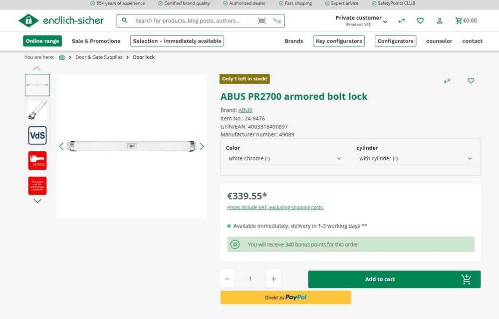 Abus PR2700 - Bară de blocare blindată uși case și apartamente - Nouă