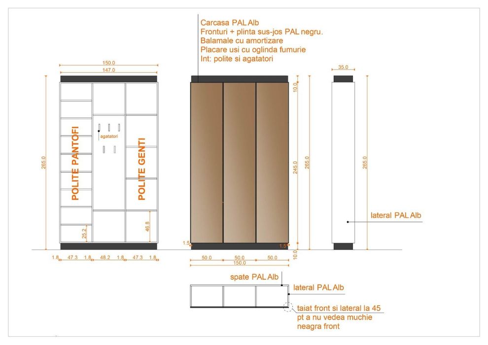 Dulap hol pe comandă, oglindă fumurie, spate PAL – 150 cm