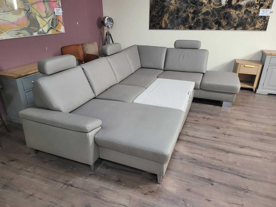 ПРОМОЦИЯ!!!Бежов П-образен ъглов диван от плат Sambia с функция сън