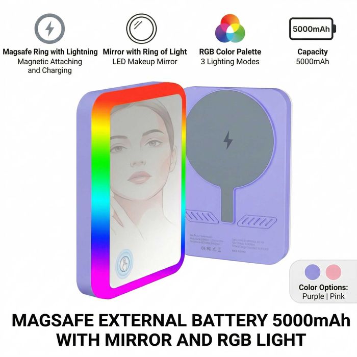 Baterie Wyred by Monga Glow MagSafe 5000mAh cu Oglindă și LED RGB, Roz