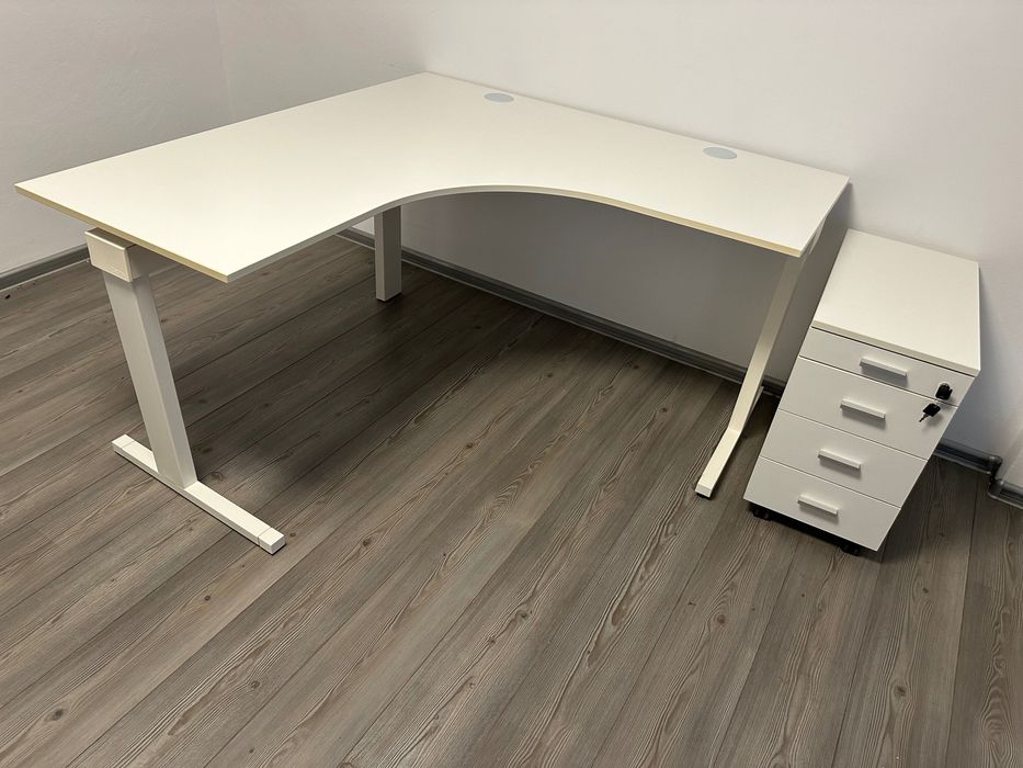 set birou Techo 140cm pal alb cadru metalic + rollbox 4 sertare