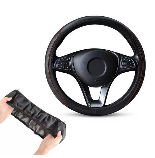 Универсален калъф за волан 37–38 см PU кожа черен с червени шевове