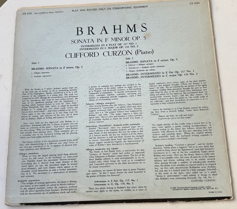 Vinil Brahms - Sonata Op. 5, Clifford Curzon, Vinil London Records