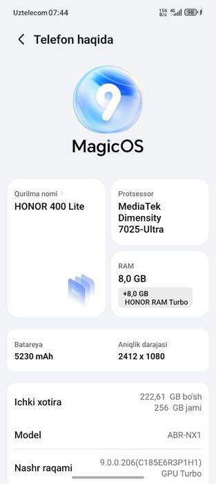 Honor 400 lite 8+8. 256g