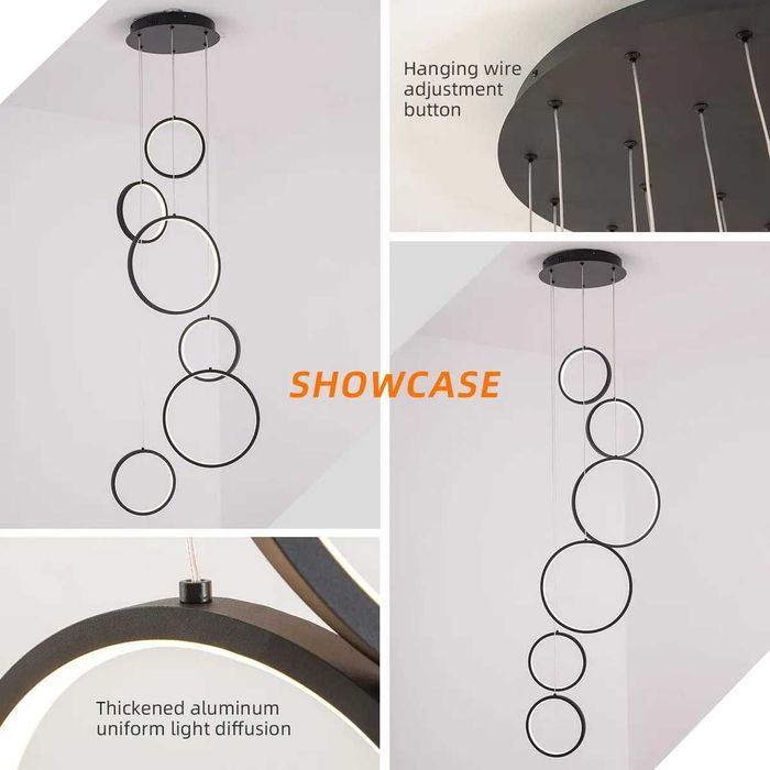 6-пръстенов кръг ринг модерен лед LED полилей за висок таван, димируем