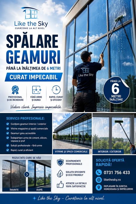 Spalare geamuri si suprafete vitrate
Ai geamuri murdare, urme de ploaie, praf sau depuneri după constructor?Like the Sky” oferă ser