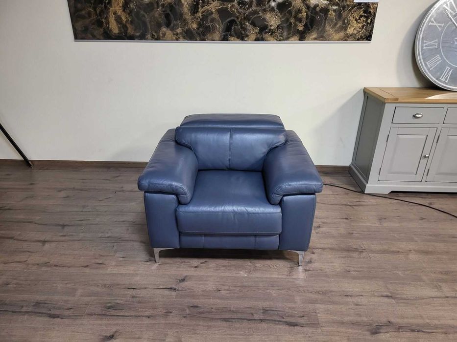 Син кожен фотьойл с електрически релаксиращ механизъм