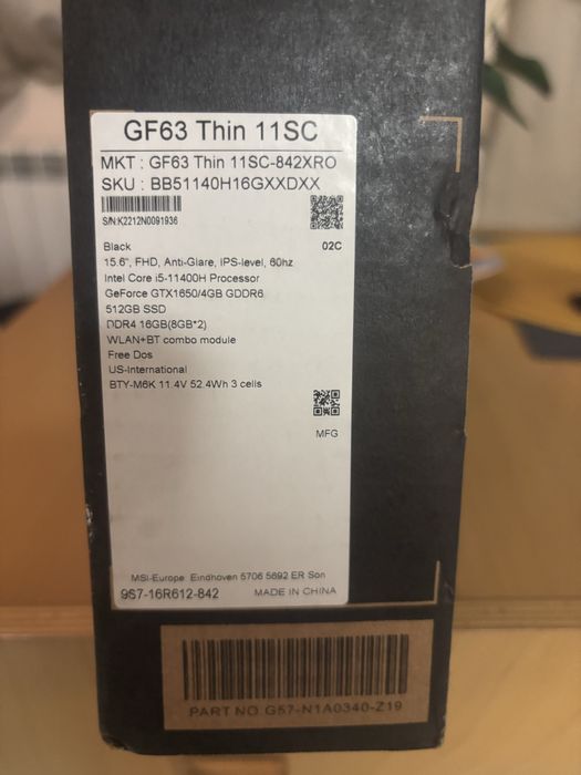 Геймърски Лаптоп Msi gf63 thin 11sc
