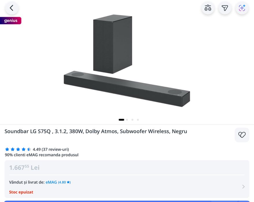 Soundbar cu subwoofer wireless 380W