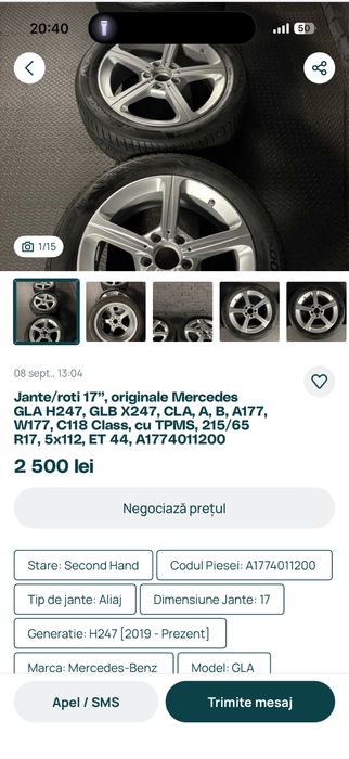 Jante oem 5x112 Mercedes Cla/C/E class R17 cu senzori