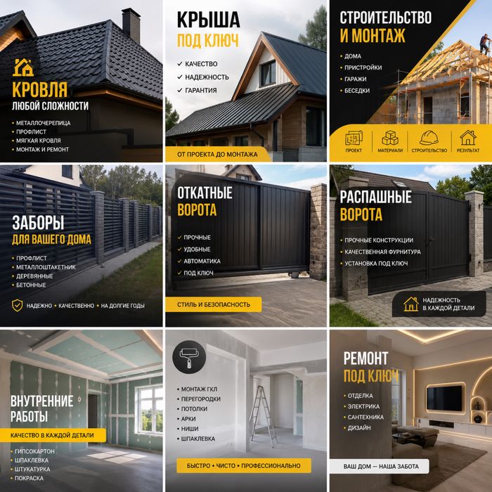 Строительные работы (кровля,бетон,внутренняя отделка,ворота,забор)