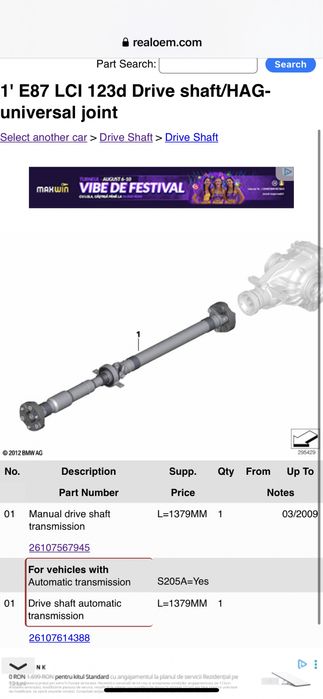 Cardan bmw seria 1 204 cai 123d biturbo piese diferential 2.81 e90 e92