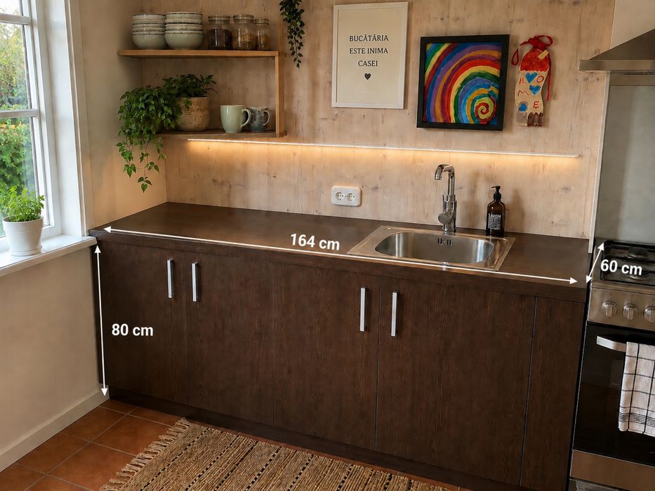 Corp blat mobilier bucătărie cu chiuvetă inox și baterie – 164 cm, culoare Wenge