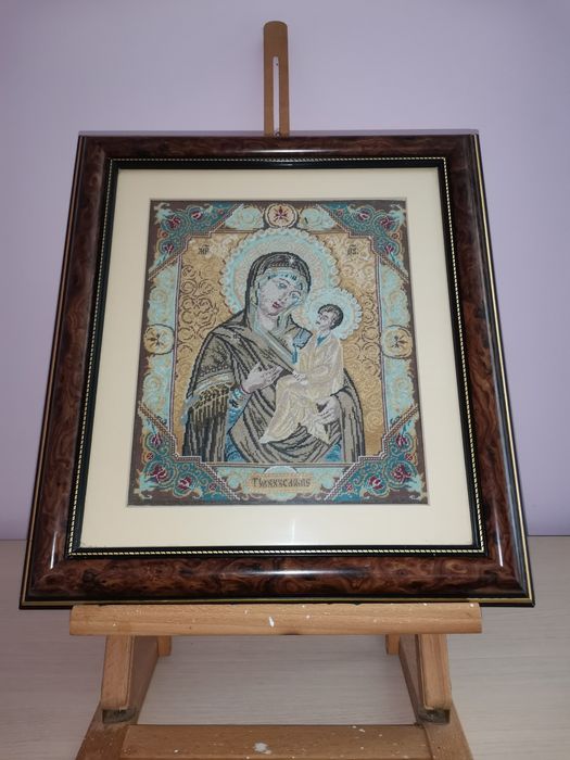 Goblen icoana Maica Domnului cu pruncul - cusut manual