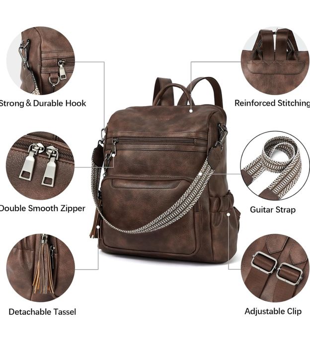 Дамска кожена раница с много джобове