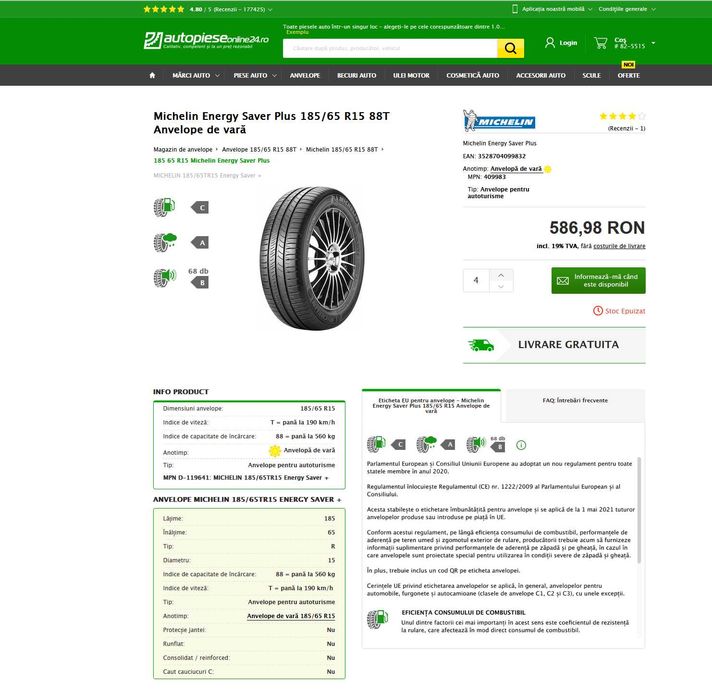 Jante Aliaj R15 + Anvelope Michelin R15 ( FIAT LINEA )