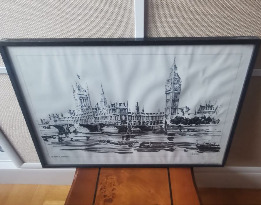 Антикварна картина в рамка и паспарту литография гравюра 38,5 х 52,5см