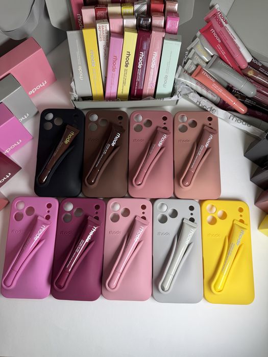 Rhode калъф + Rhode гланц за iPhone | Rhode Lip Case + Lip Gloss оригинални + Peptide Lip Tint Treatment всички модели и цветове налични iPhone 18 Pro