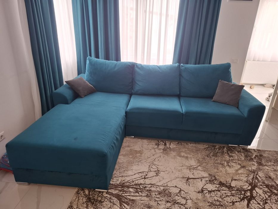 : Colțar living modern, extensibil, cu ladă depozitare, catifea turcoaz, 270x200 cm