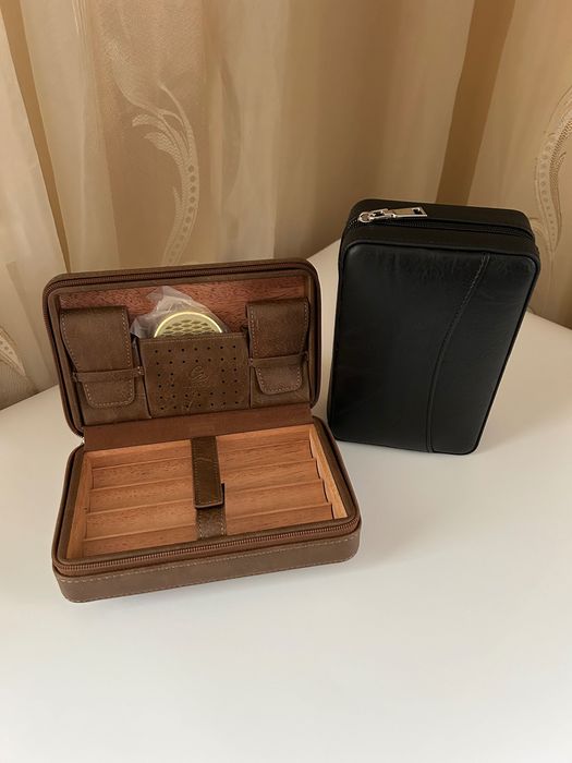 Преносим кожен хумидор за 4 пури от естествена кожа – черен / кафяв