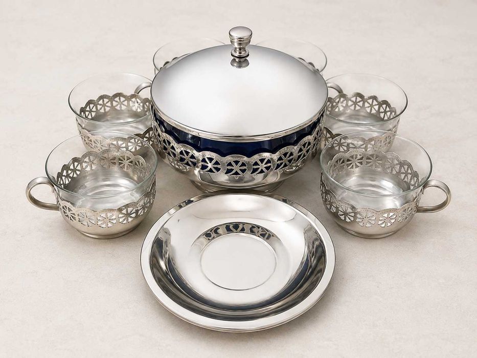Set vintage de servire cu bol din cristal albastru și 6 cești, suflat cu argint