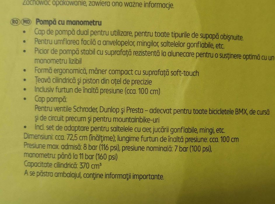 Pompă bicicletă NOUĂ, mare, cu manometru