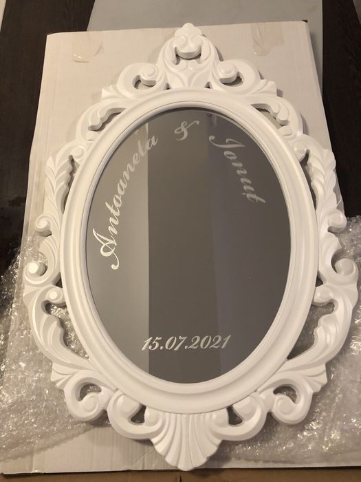 Oglinda de mireasa personalizata gravata  cu numele  si data nunti