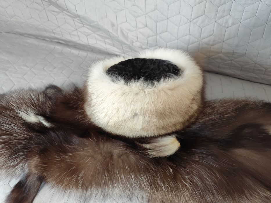 Haina blana vizon si nurca, guler vulpe argintie, caciula blana vulpe