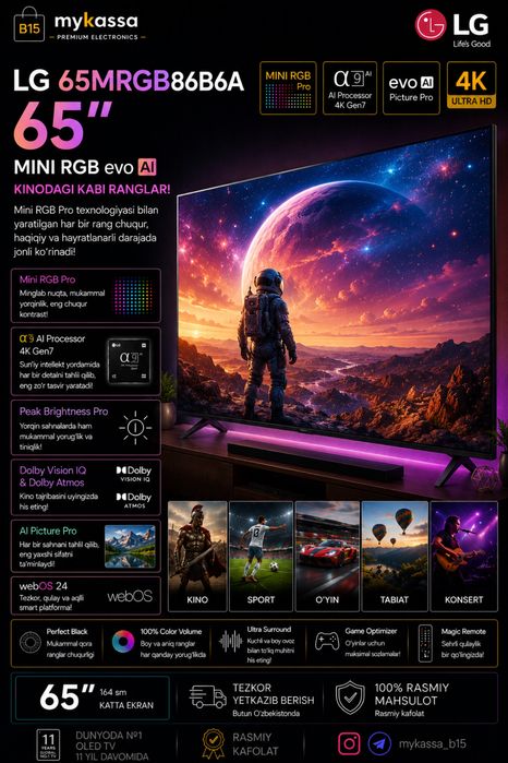 LG 65MRGB86B6A — 65 dyuymli Mini RGB evo AI • Dastavka • New