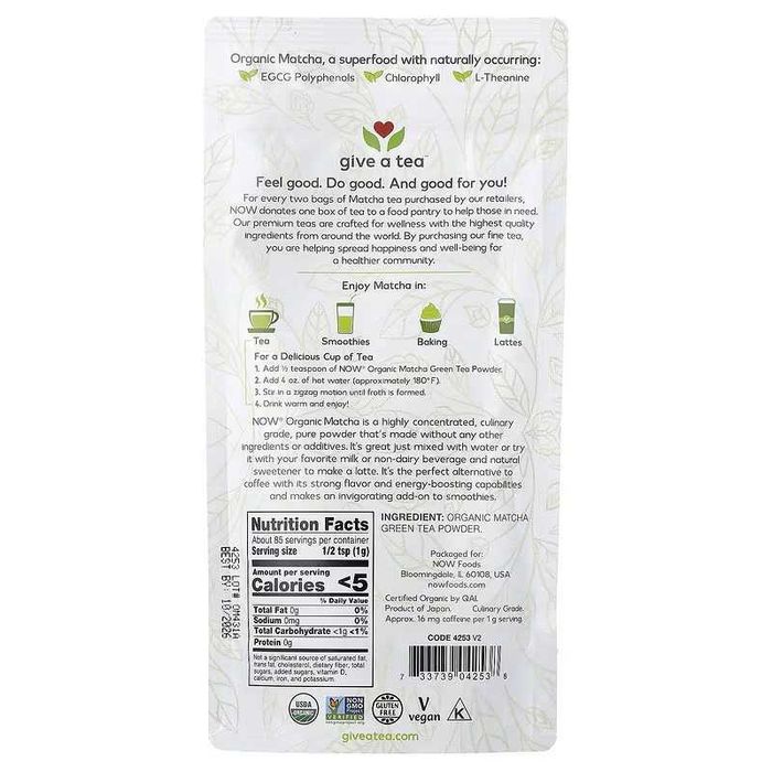 NOW Foods, Organic Matcha Green Tea Powder, 3 oz (85 g)