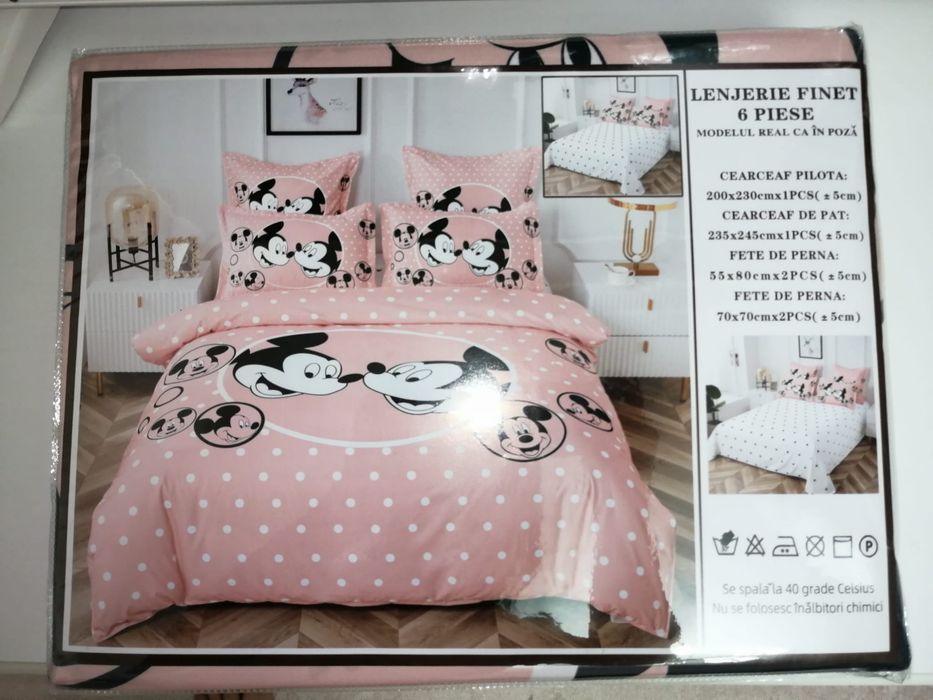 Lenjerie de pat finet, 6 piese, Minnie & Mickey Mouse, două persoane