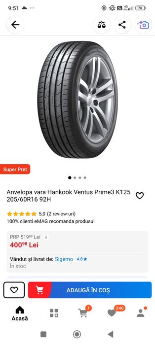 Vând anvelope de vara hankook Ventus prime 3 l,rulate 1200 km